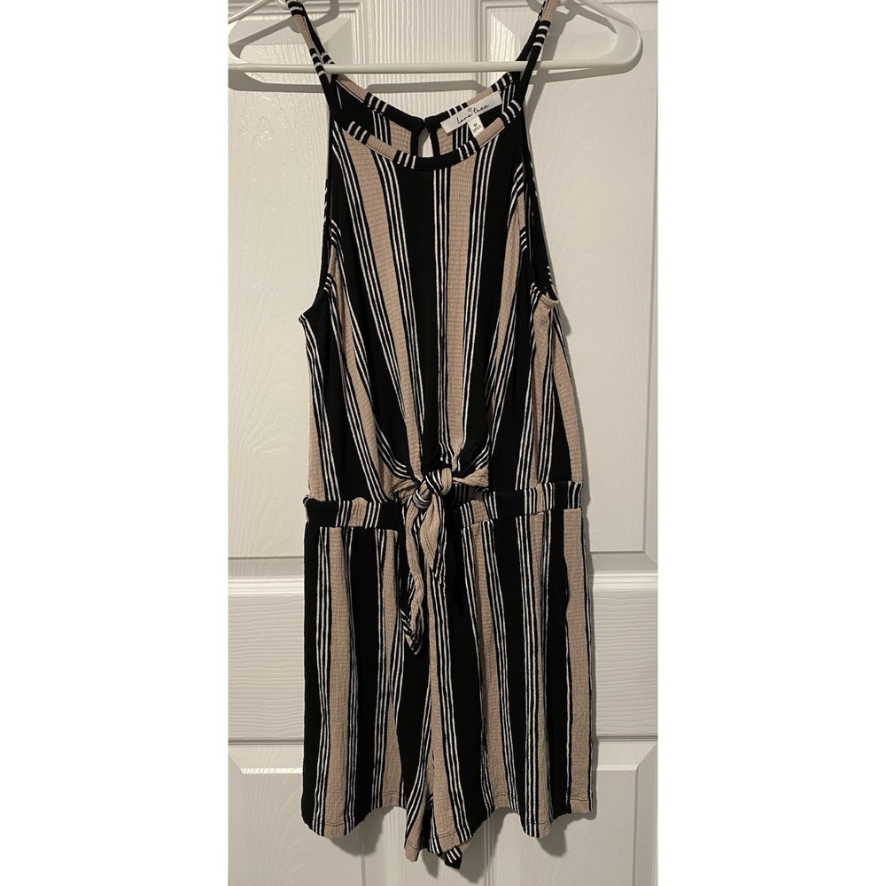 Love Tree Women's M Striped Romper Jumper Sleeveless Tie Waist Black Beige